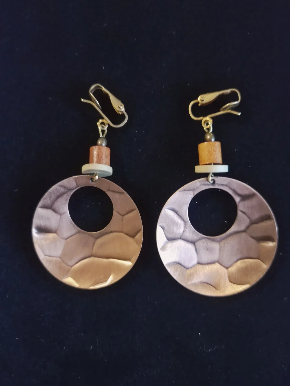 Copper Hammered Circle Clip-On Earrings with Wood Beads